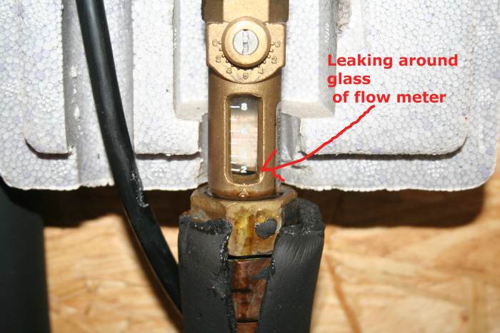 Solar Flowmeter Leak: Water Propylene Glycol was leaking out of the glass to brass area.  If I pushed on the glass with my finger the leak would increase.